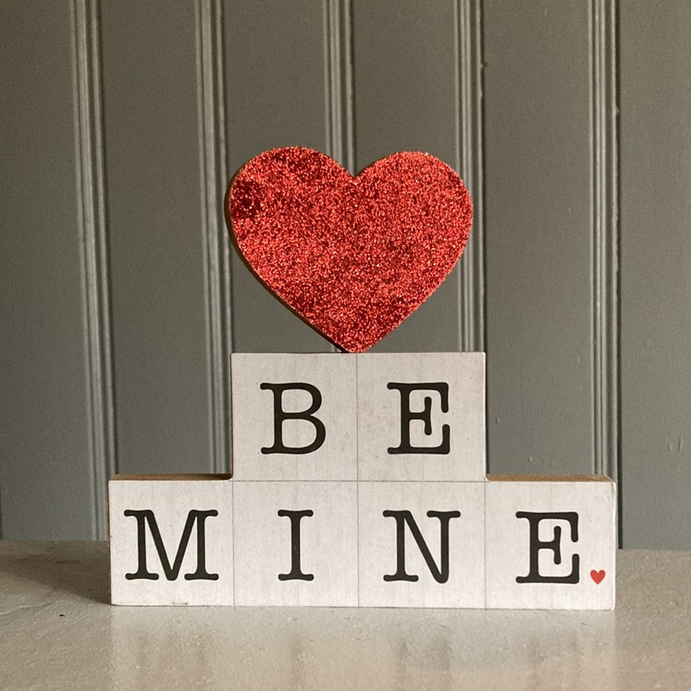 NWT BE MINE Glittered Red ❤️ Stacked Block Letters Wooden Decoration Sign